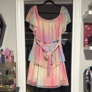 Women’s Spring Rainbow Pastel Polka Dot Ruffle Dress with Belt